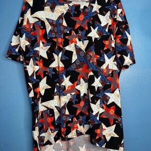 LuLaRoe Irma Patriotic Star Print Short Sleeve Top - Black, Red, White, Blue